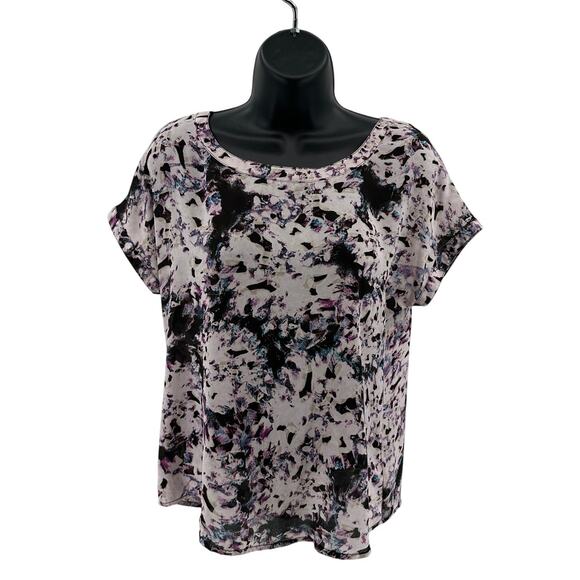 Cynthia Rowley Blouse WMNS XS Purple Black Teal Short Sleeve Crepe Printed Top - Picture 1 of 7